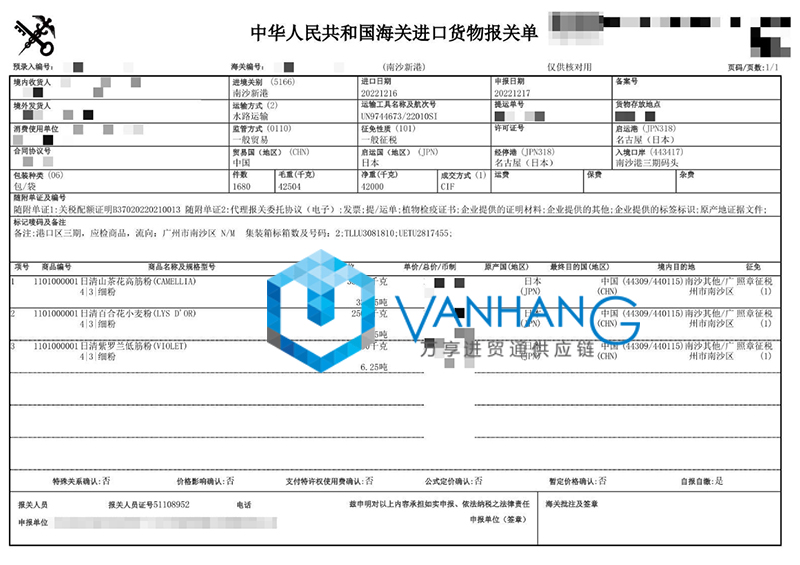 廣州進口日本小麥粉報關資料